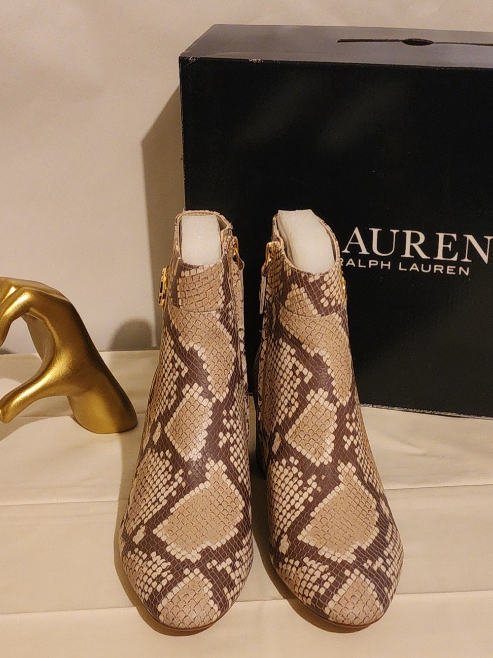 Ralph Lauren Beige Snakeskin-Print Ankle Boots